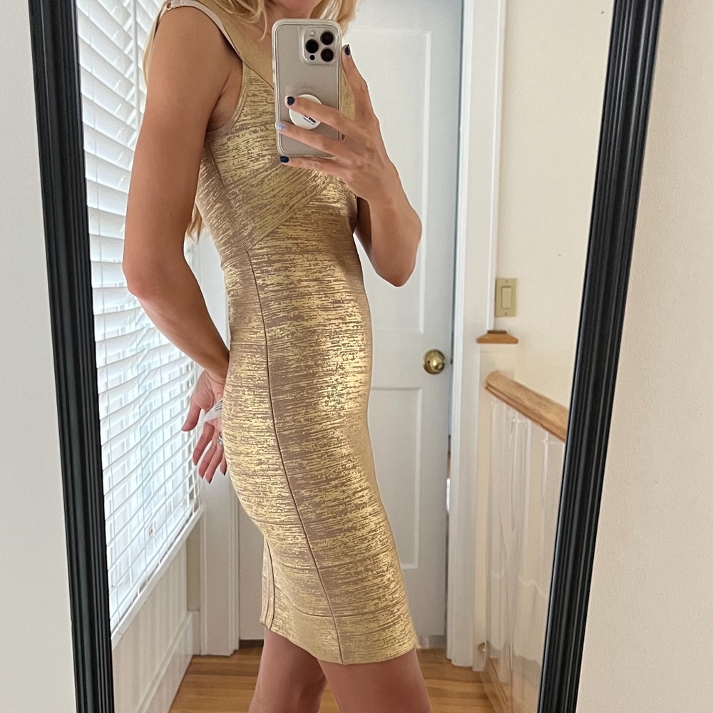 Stunning Holiday Party Dress - Gold Woodgrain Foil Herve Leger Bandage Short NWT